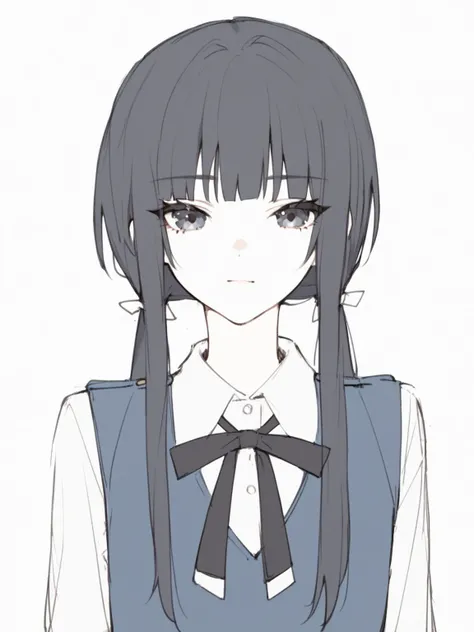 Vtuber, anime illustration,  black hair, dark eyes, twin tails in a low position, with bangs, Vest and shirt, Ribbon uniform, is facing the front, white black, Solid Color