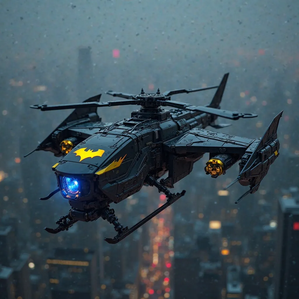 *"A futuristic, armored and muscular hi-tech hybrid helicopter of Batman soaring over Gotham’s skyline at night. The design is inspired by Batman’s Batmobile, featuring black and dark grey tones with neon yellow highlights. The helicopter has a bat-shaped ...