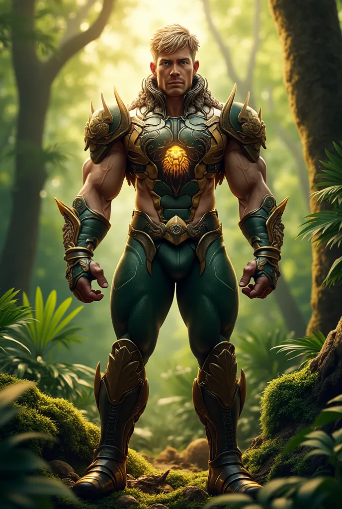 Masterpiece, Accurate, Award Winning, Best Quality, Extremely Detailed, 8K, HD, Super-Resolution, Realistic Textured Hair and Skin, Photorealistic – A formidable Caucasian superhero stands firmly at Bukit Timah Nature Reserve, his bronze and dark green arm...