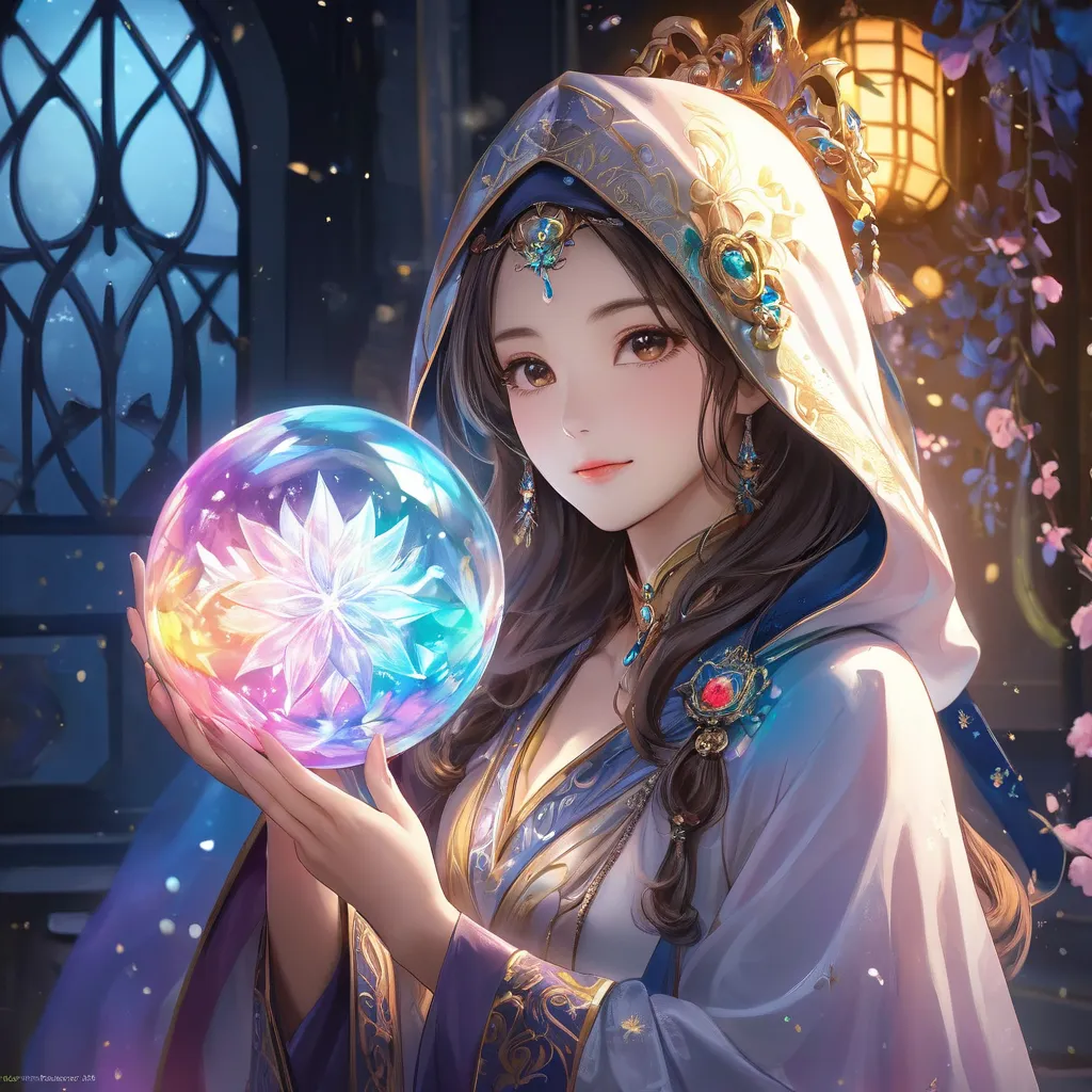 A mysterious and enchanting fortune teller、I'm staring at the glowing crystal ball。40s Japanese women。wears an exquisitely designed organza hooded cloak。Her hands are、has sparkling crystal balls that give off an ethereal multicolored light。The background i...