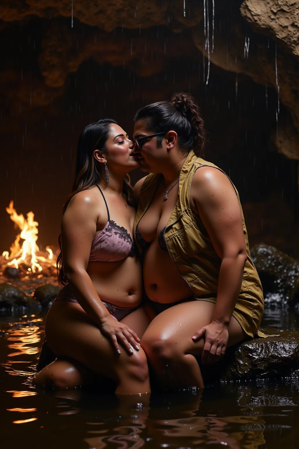 A 27 years old ,matured,american white woman with A medium sized chubby body, ivory white round-shaped face.

She and her husband. She sits on a rock in a dim cave, her loose bikini damp from a sudden rain, clinging to her curves. He kneels before her, kis...