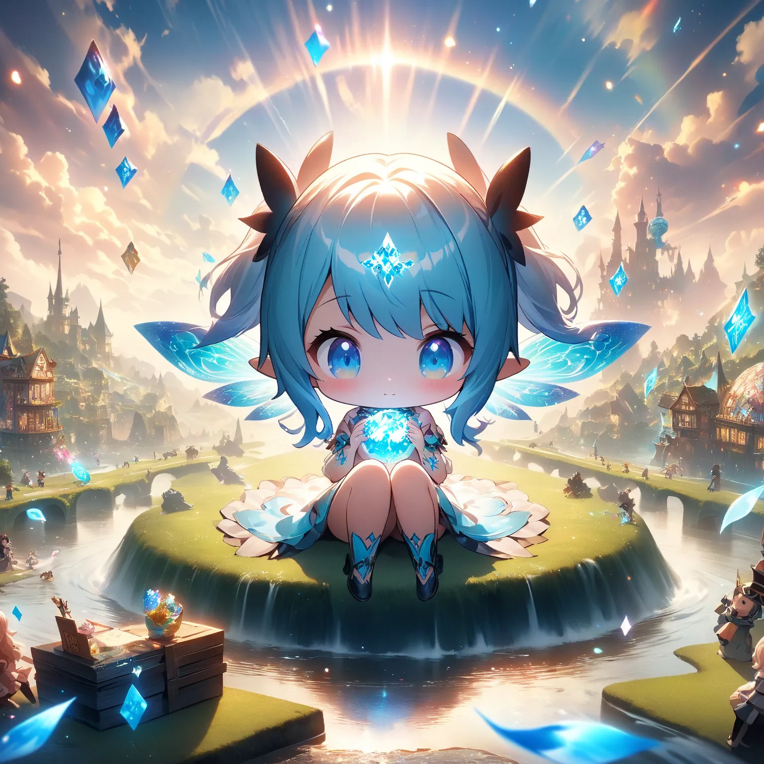 ** Two Worlds Fused **:  One is Science and Technology and SF of World ,  of other one is a fantasy world full of nature and mystery, Connected by a bridge  .of charming and whimsical  small fairy , Amazing Wonderland ,  Amazing Wonderland  , Card Soldier ...