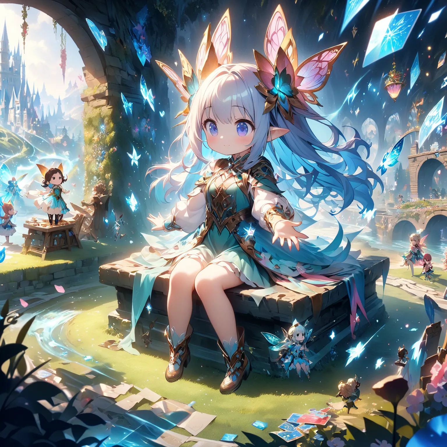 ** Two Worlds Fused **:  One is Science and Technology and SF of World ,  of other one is a fantasy world full of nature and mystery, Connected by a bridge  .of charming and whimsical  small fairy , Amazing Wonderland ,  Amazing Wonderland  , Card Soldier ...