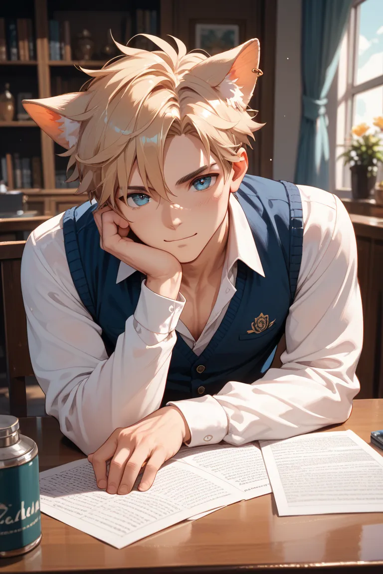 Head of a male college student servant with no body and cat ears on the table