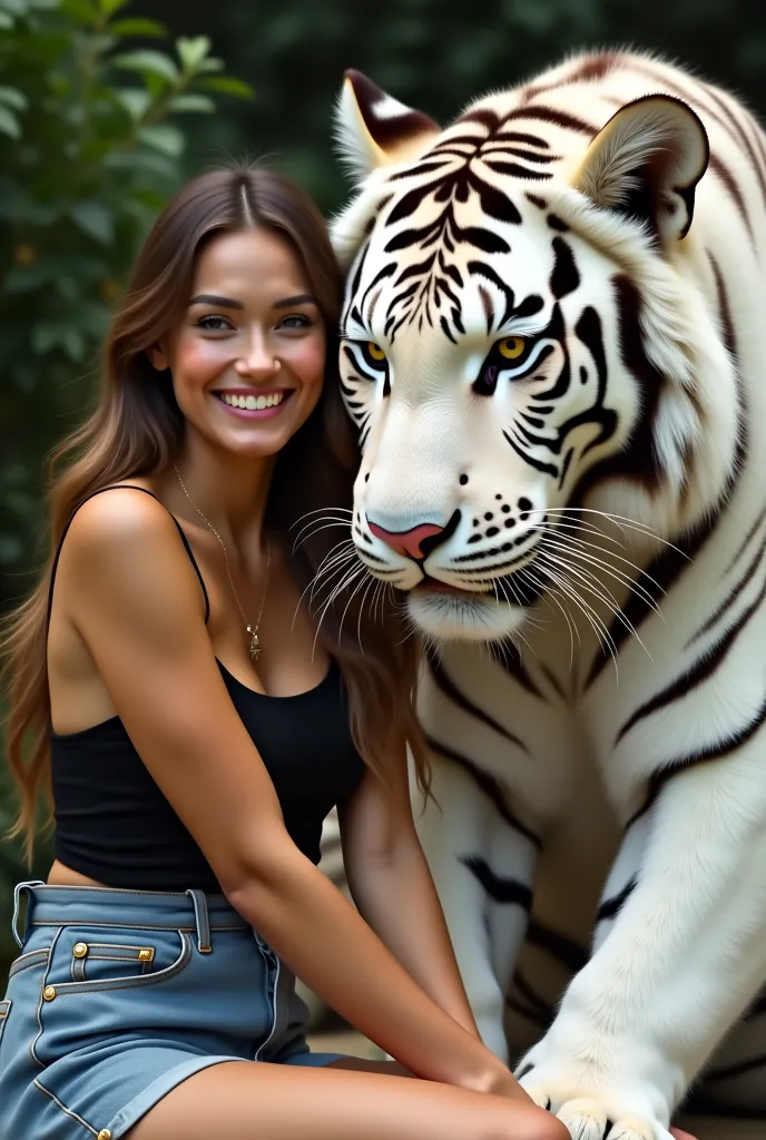 A beautiful woman dressed in a casual black singlet with a sweet smile sits while stroking the head of a very fierce white tiger as big as a giant. Sitting while stroking the head of a white tiger with the name 'Jeanny' fonts thick golden oblique