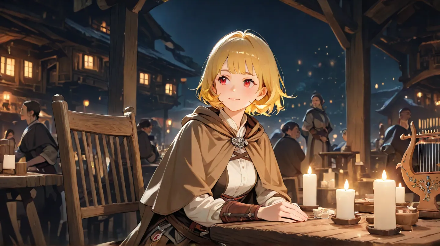  huge _very high resolution, High Resolution, 걸작, recent, 1 female, short hair, yellow hair, red eyes,  bangs,  sitting in a chair , adventurer clothes, brown cloak, light smile,  Tavern, wooden chair, wooden dining table, Sake glass , candlelight, Strum t...