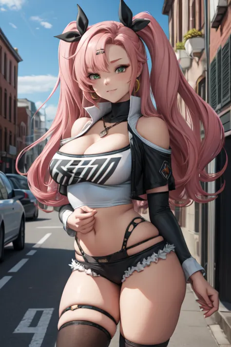 Nicole Demara, Nicole begins, (Green Eyes:1.5), Pink Hair, hair ornaments, hair ribbon, Hair Clip, Long Hair, mole, mole on breast, mole on thigh, mole under eye, Both sides up, ribbon, Grin, 
BREAK, black footwear, black ribbon, black Shorts, black socks,...