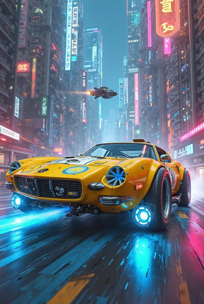 Image is a vibrant, futuristic digital artwork depicting a flying car navigating through a neon-lit urban environment. The style is highly detailed and colorful, with a strong emphasis on science fiction elements. The flying car, resembling a retrofitted c...