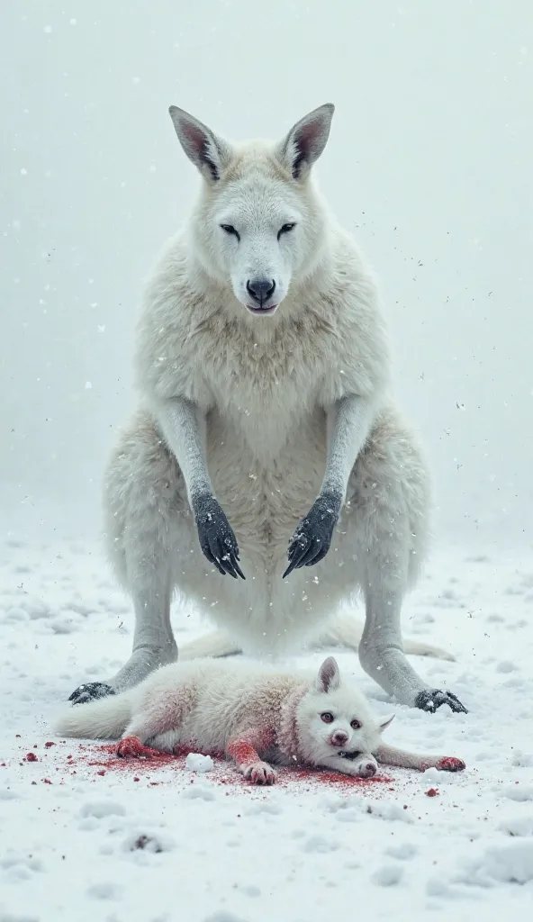 big white snow kangaroo badly killed the white snow dog and leg on his body 