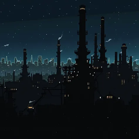 Industrial zone refinery at night, (skyscrapers in the horizon:1.7)
