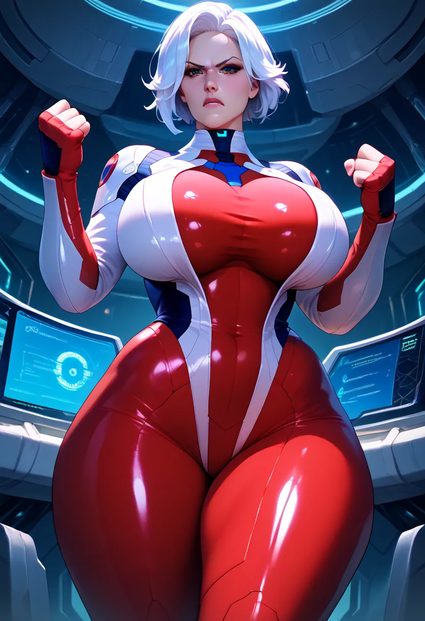 (masterpiece:1.5), (best quality:1.5), (ultra-detailed:1.3), (best quality:1.2), (highly detailed:1.2), (highres:1.2), semi realistic, (mature female), sci-fi, futuristic, thin form-fitting cryo-suit, white suit, voluptuous and curvaceous figure, curvy, th...