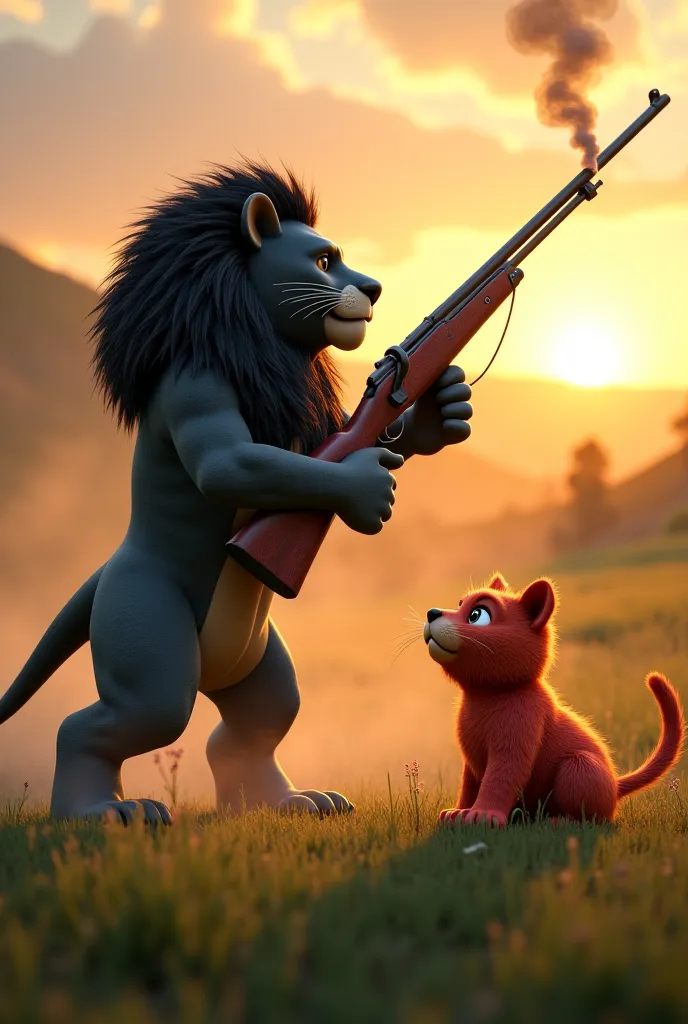 Prompt:
"A highly detailed 3D-rendered, HD, TikTok-sized scene of a powerful black lion standing heroically after rescuing the chubby red cat. The lion holds a smoking rifle, having just fired a precise shot at the massive crocodile. The crocodile, mid-rea...