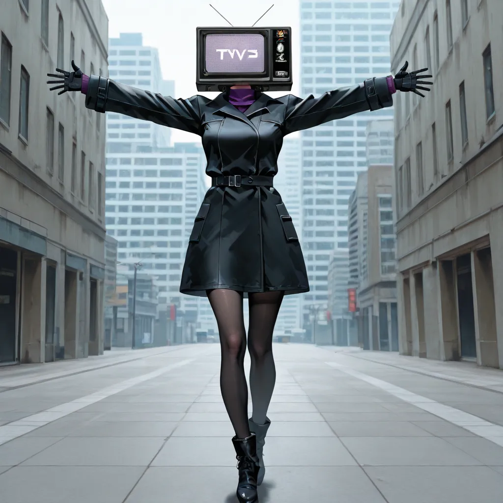 score_9, realistic, detailed, city, solo, tvwoman, robot girl, tv head, black coat over purple turtle neck, black pantyhose, spread arms