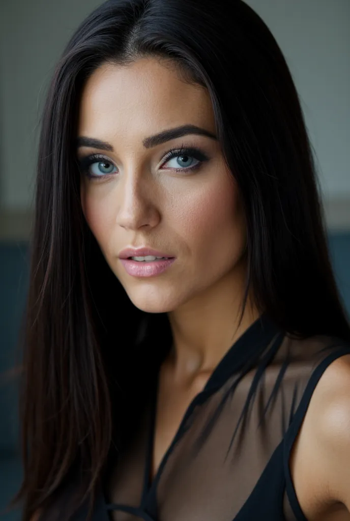 brunette black long hair straightened to the shoulders, 1m81 77kg, plump blue eyes