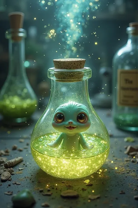 Pic Minions the potion begins to come to life, a large vial with a substance bubbling and emitting lights suddenly the substance begins to expand and comes out of the vial becoming a small and cute creature