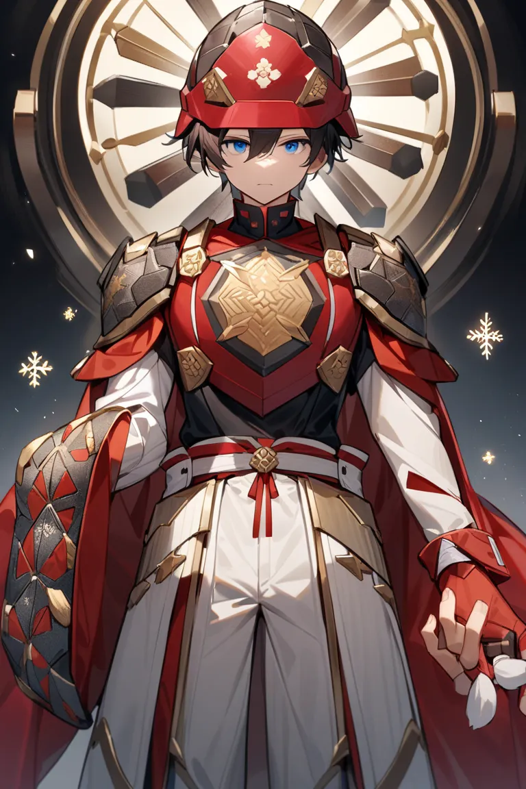 A simple and calm combat uniform worn by a 16-year-old man with dark hair, ponytails, and blue eyes
upper body：Clothes are based on white and blood red、The chest is decorated with snowflakes and flower emblems。give a cold impression、has a built-in device t...