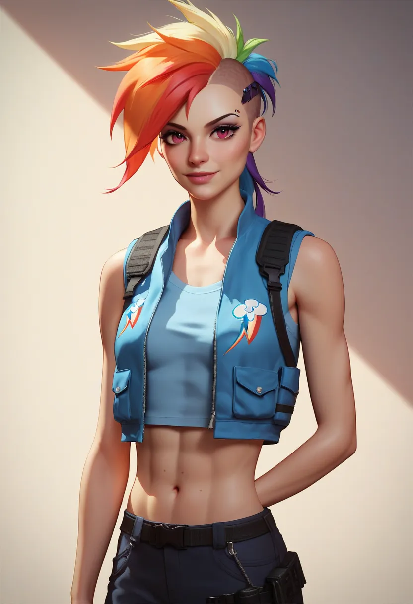 Rainbow dash, human, 30 years old, tactical vest, shirtless, long punk haircut, cartoon style, slender, skinny, tiny boobs,