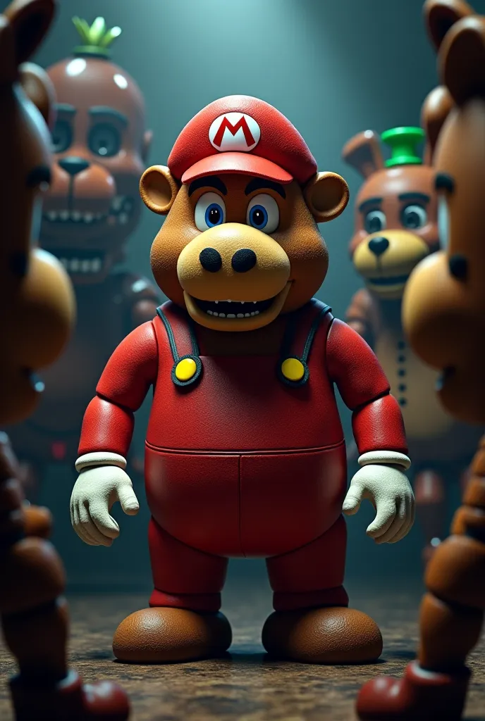 Capybara disguised as Mario Bros face to face with the characters from Five Night Freddy 