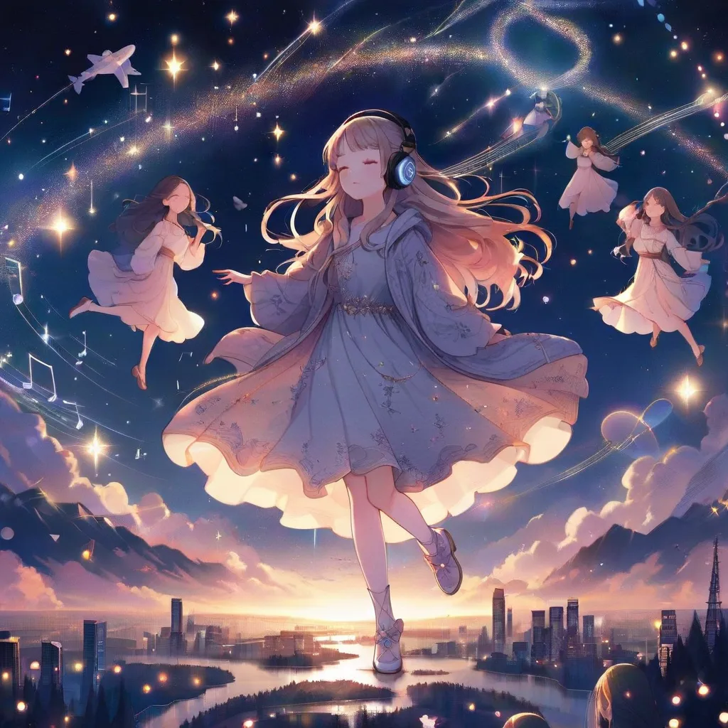 Ultra-detailed anime illustration in 8K resolution of a whimsical dreamscape featuring a central female character suspended in a cosmic night sky. The girl has long, flowing strawberry-blonde hair with intricate strand definition that catches the starlight...