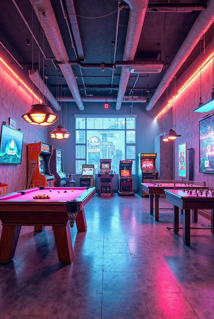 Make an architectural project, 3d, Realistic, color lighting in a game room that has a video game, arcade,  pool , Pimbolim, ping-pong,  AMONG OTHERS . No