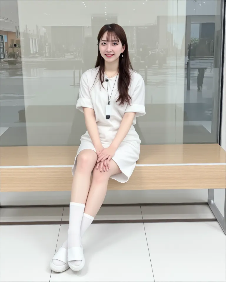 (    photorealism   :1.2)、 full body portrait 、Smell the rich white high school student socks 。  beautiful日本人モデル、39;  thick legs、  woman  、39;    nurse's white uniform     、   business files、I'm wearing a security card around my neck　white sandal shoes、smi...