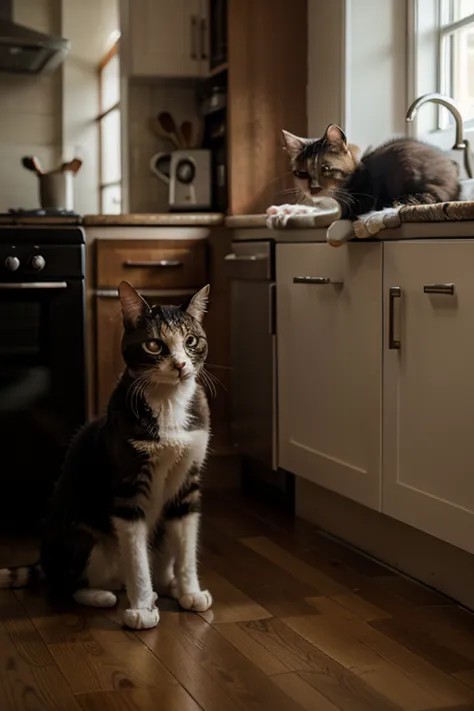 "A frightened cat with wide eyes and raised fur, staring in terror at a small mouse in the corner of a dimly lit kitchen. The atmosphere is tense, with shadows cast across the floor."
