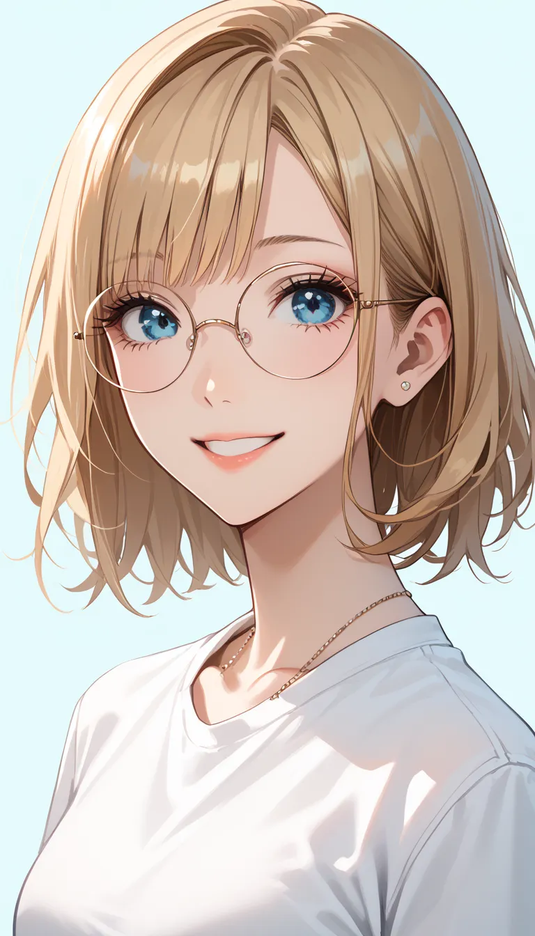 score_9, score_8_up, score_7_up, score_6_up, score_5_up, score_4_up,  Premium Masterpiece, anatomically accurate, facial beauty, slender bodies, blonde hair, split bangs, blue eyes, Wearing round glasses, close your mouth, smile, casual clothes