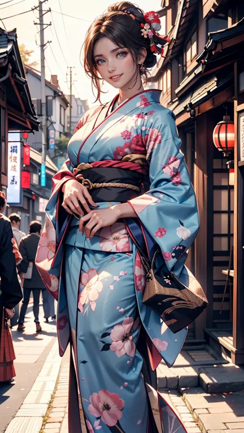 look at the camera,(((top quality, 8k, masterpiece))), Clear Focus, (perfect style), slender, (hairstyle: up)), (( kimono: Cane)), street: 1.非常に詳細な顔と肌の質感 詳細な目 double eyelids ランダムな姿勢, (smile),super cute Japan person,super beauty Japanese girl, realistic fac...