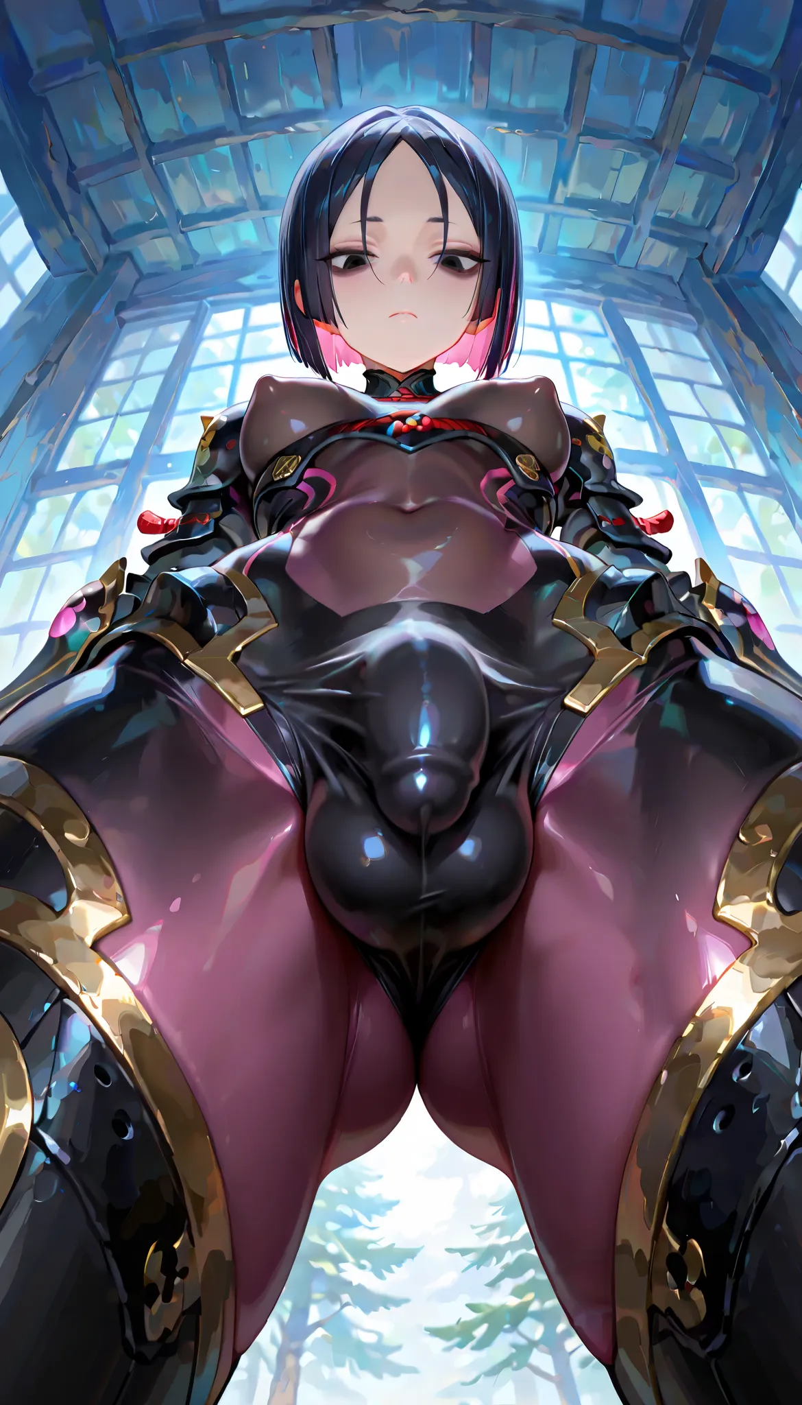 (masterpiece, Highest quality, Ultra-high resolution), 1girl, Ushi Gozen,  short hair, black hair, colored inner hair, multicolored hair, pink hair, black eyes, bags under eyes, armored bodysuit, covered navel, looking down, Spread legs, Close-up on crotch...