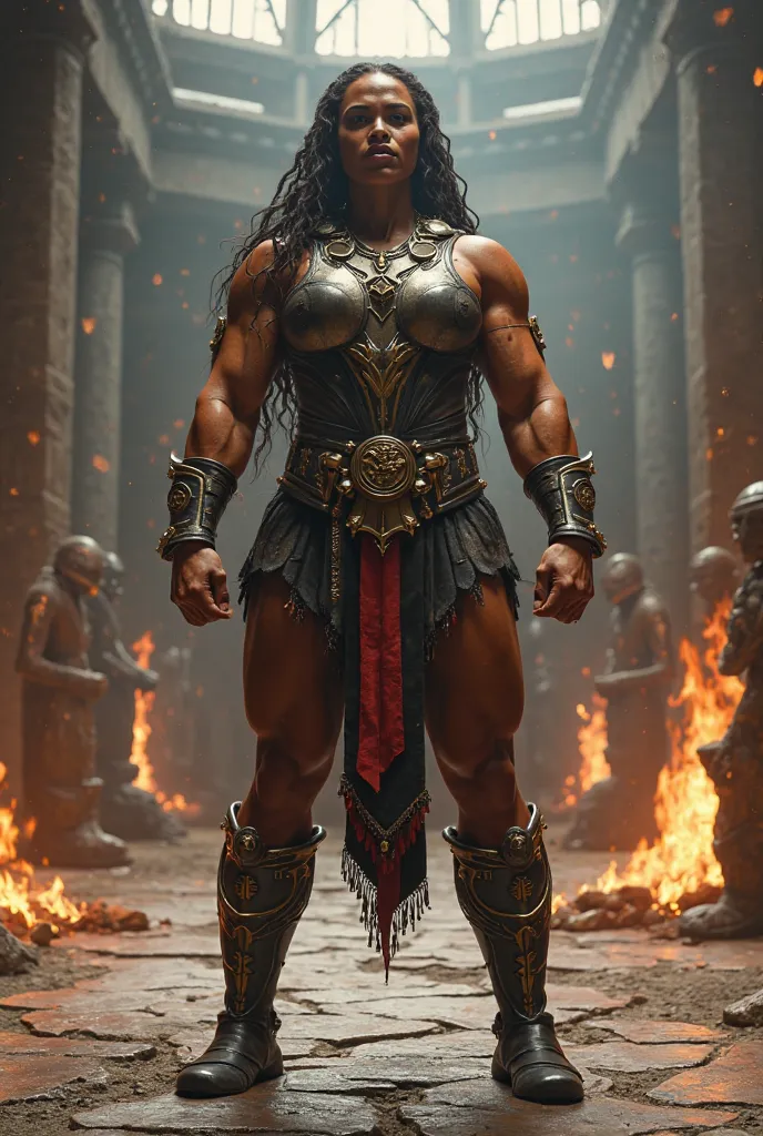 An ultra-realistic, cinematic 4K full-body image of Sheeva, the towering, muscular, and stunningly powerful Shokan queen, standing in an intimidating and dominant pose. Her four massive arms are flexed, showcasing her godlike strength, with her fists clenc...