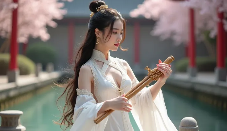 A stunning 18-year-old woman exudes confidence and allure in a form-fitting white traditional Chinese dress, intricately embroidered with delicate silk layers. The dress features a plunging neckline and a high slit, accentuating her curves and toned legs. ...