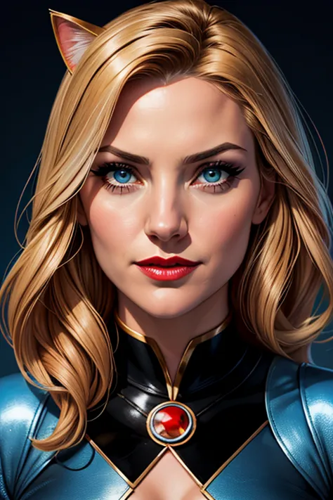 Kate Hudson as DC Comics' Cat Grant. Cat wears a sky-blue sweater and a black leather skirt and black high heels. Cat has lovely makeup on her face. Cat wears red lipstick. Cat looks cheeky and ambitious. Symmetrical eyes. Symmetrical face. Glamour photogr...