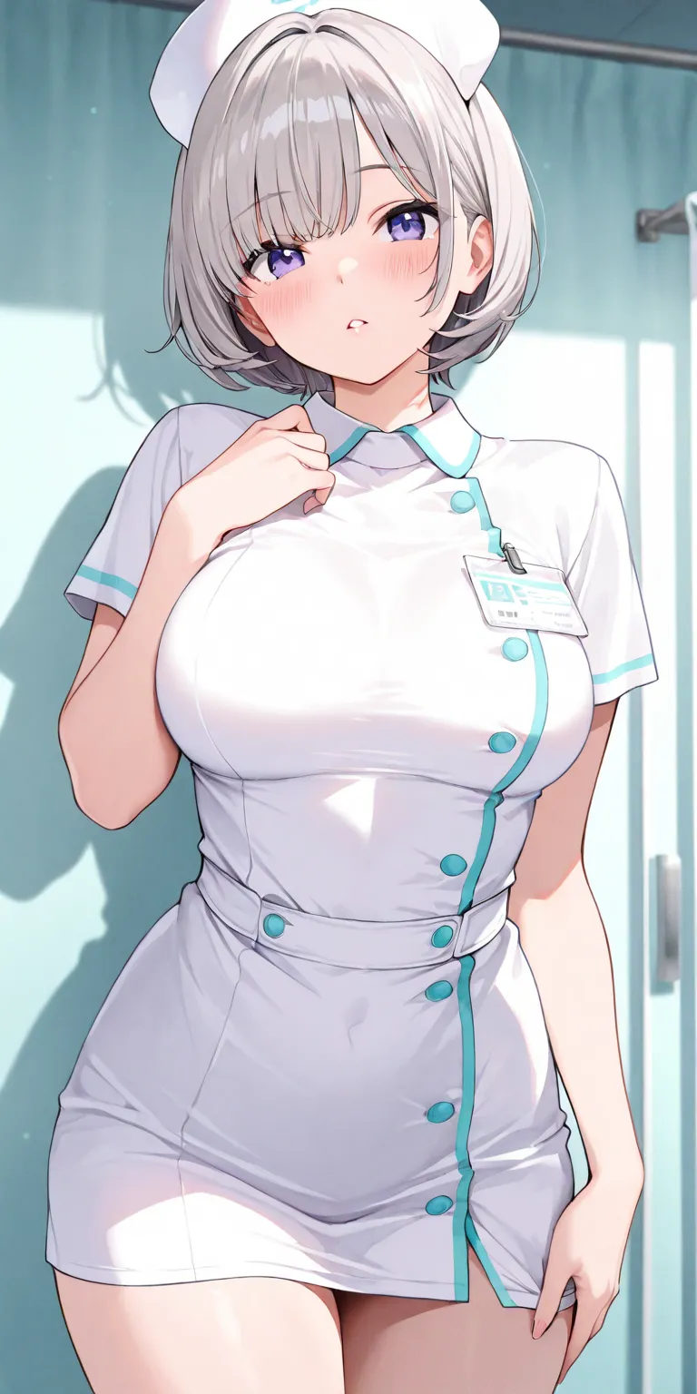 1girl, nurse girl,  solo,  blush, short hair, wolf hair, middle breasts, bangs, parted lips, detailed skin texture, detailed illustration, masterpiece,