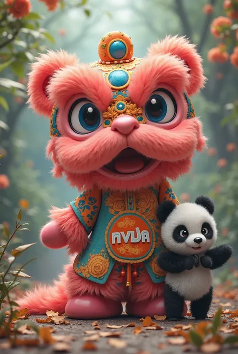 Kirby the lion dance doll，clothes with the NVDA logo，Next to it is a giant panda