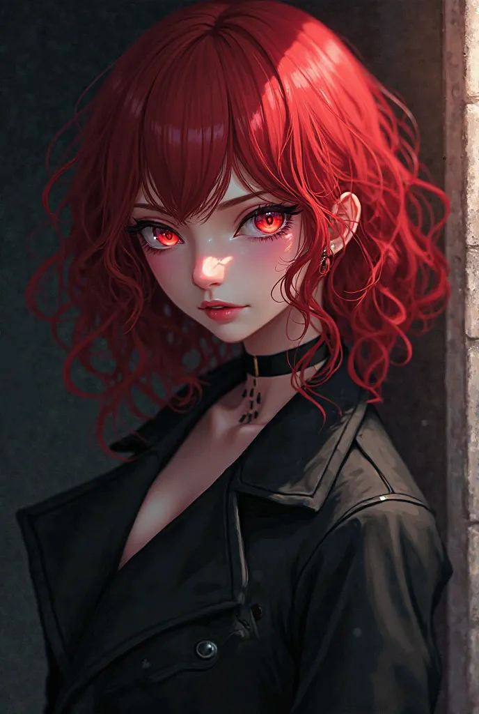 Create an image of a  anime girl, with red curly hair and red eyes, Wear a black coat, their appearance is somewhat pale 