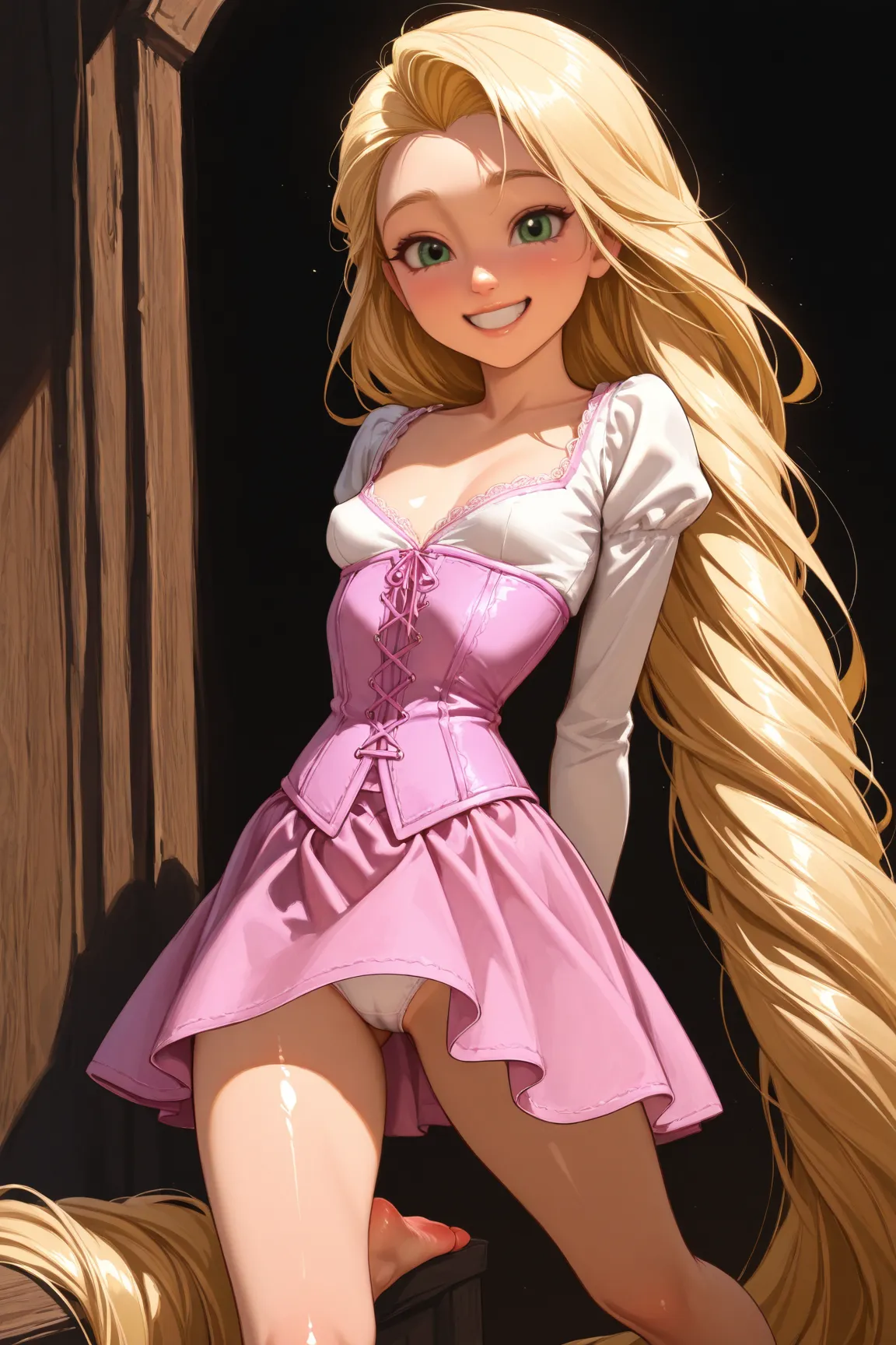 1 girl, solo, Highly detailed, slender legs, thin waist, Rapunzels tower, normal sized body, shadows, extremely long blonde hair,  sexy green eyes, highly detailed eyes,, 8k, sexy face, small perky breasts, small tits, black outline, bright colors, vibrant...