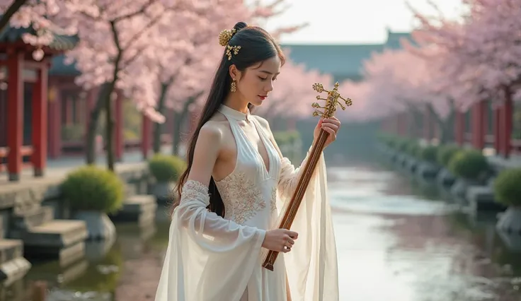 A stunning 18-year-old woman exudes confidence and allure in a form-fitting white traditional Chinese dress, intricately embroidered with delicate silk layers. The dress features a plunging neckline and a high slit, accentuating her curves and toned legs. ...