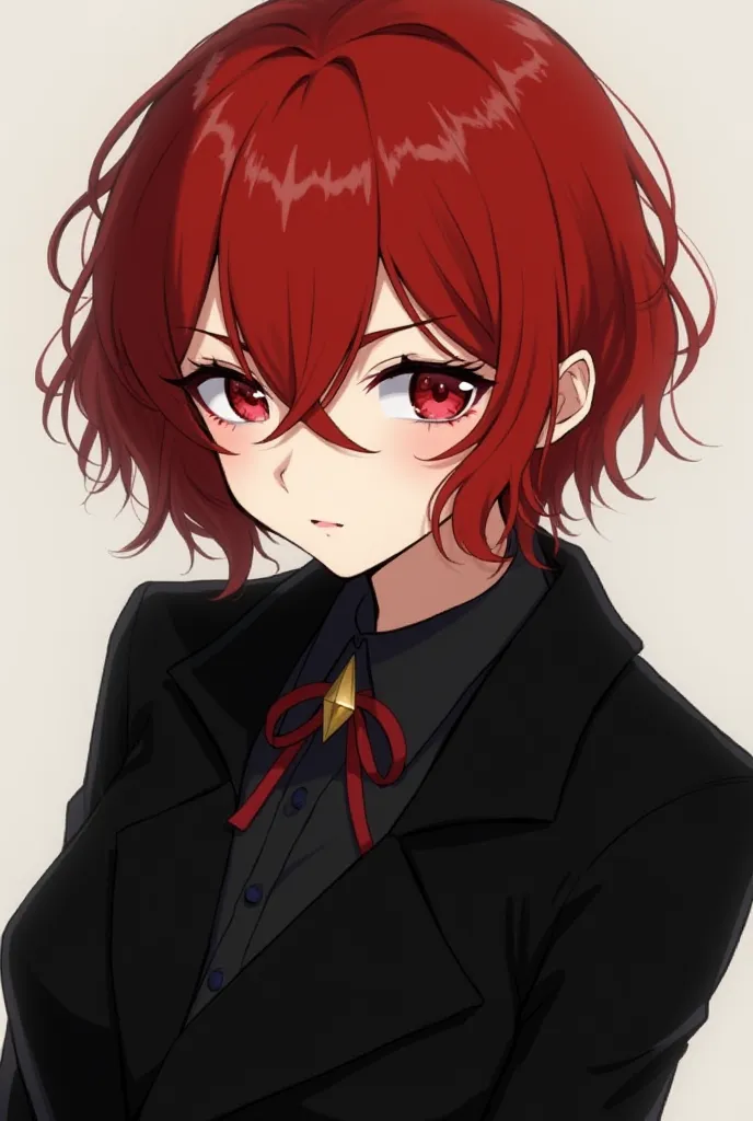 Create an image of a  anime girl, with short curly red hair and red eyes, Wear a black coat, their appearance is somewhat pale 