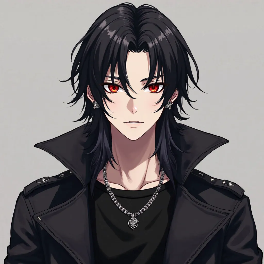 alone, good looking, 1 male, Long hair, Middle parted hair, Black hair, Red eyes, Black shirt, White Thailand, Black Trench Coat, Royal Silver Jewellery, Royal Demon Earrings, , Front Facing, Vtuber Front Facing Camera