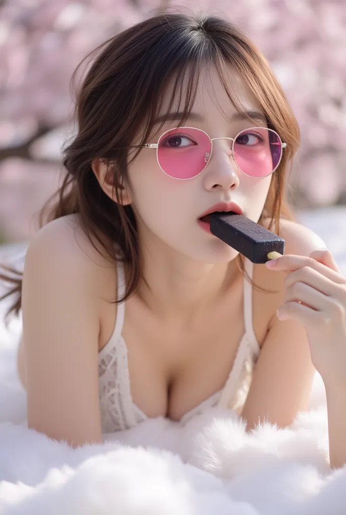 ray light. glitter flying around. soft and pastel filter. little blurry. deep departure. wide angle lens. realistic side view of wet body of cute Japanese female. she laydown on stomach on white fluffy cloud. she with soft brown hair. she has radiant glow ...