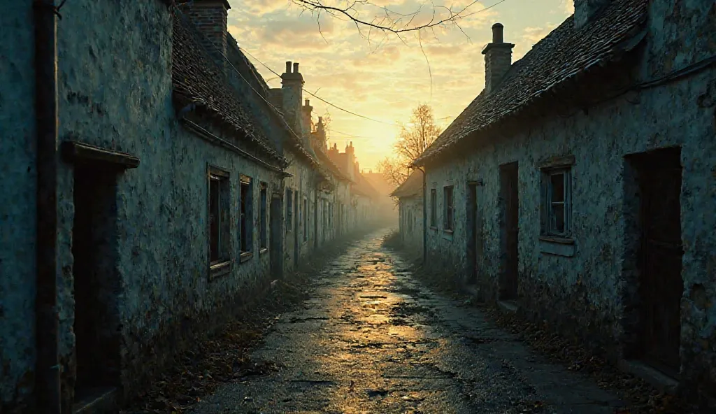 Use write colours and create an ultra HD 4K Quality realistic cinematic style""The Fading Houses" – A narrow village street, where houses are slowly dissolving into darkness as the shadow passes by. The untouched areas still have a faint golden glow, but b...