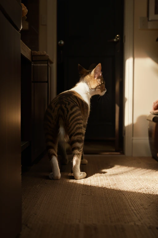 A close-up of a terrified cat backing away, its tail curled and ears flattened. Its eyes reflect pure fear as it stares at something unseen in the shadows.