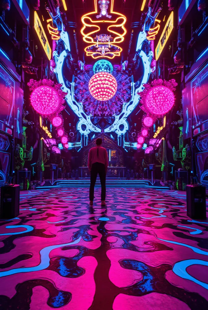 a funky, abstract design where the iconic disco floor pattern takes center stage, DJ play music detailed abstract painting, impressive color palette, dramatic lighting, vibrant neon colors, glossy reflective surfaces, dynamic composition, psychedelic visua...