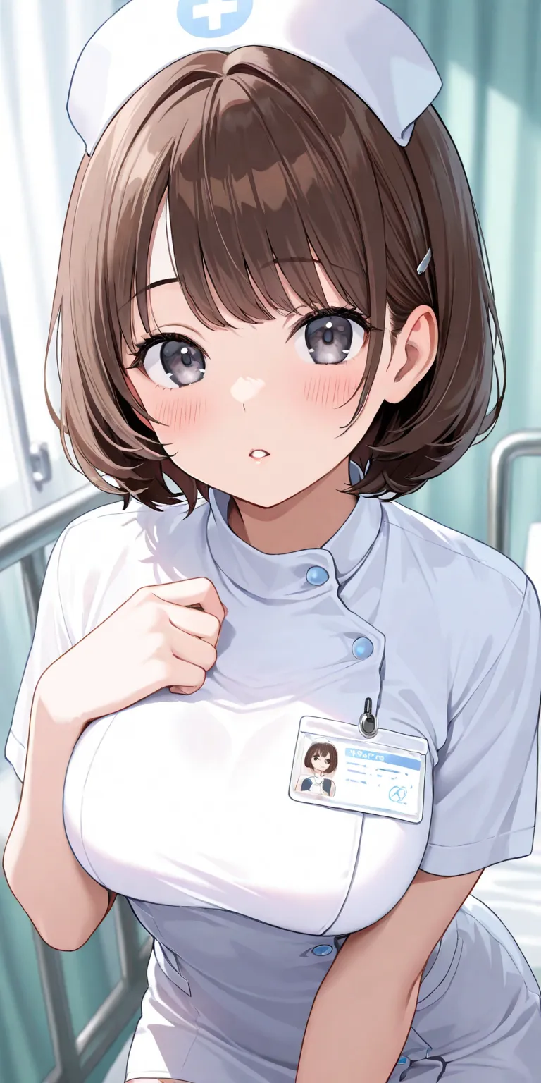 1girl, nurse girl,  solo,  blush, short hair, wolf hair, middle breasts, bangs, parted lips, detailed skin texture, detailed illustration, masterpiece,