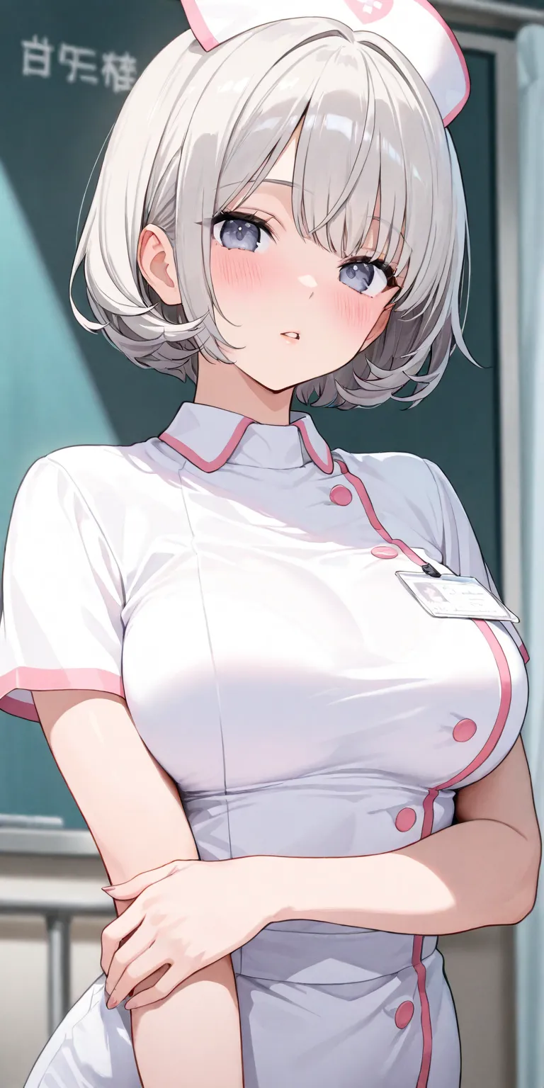 1girl, nurse girl,  solo,  blush, short hair, wolf hair, middle breasts, bangs, parted lips, detailed skin texture, detailed illustration, masterpiece,