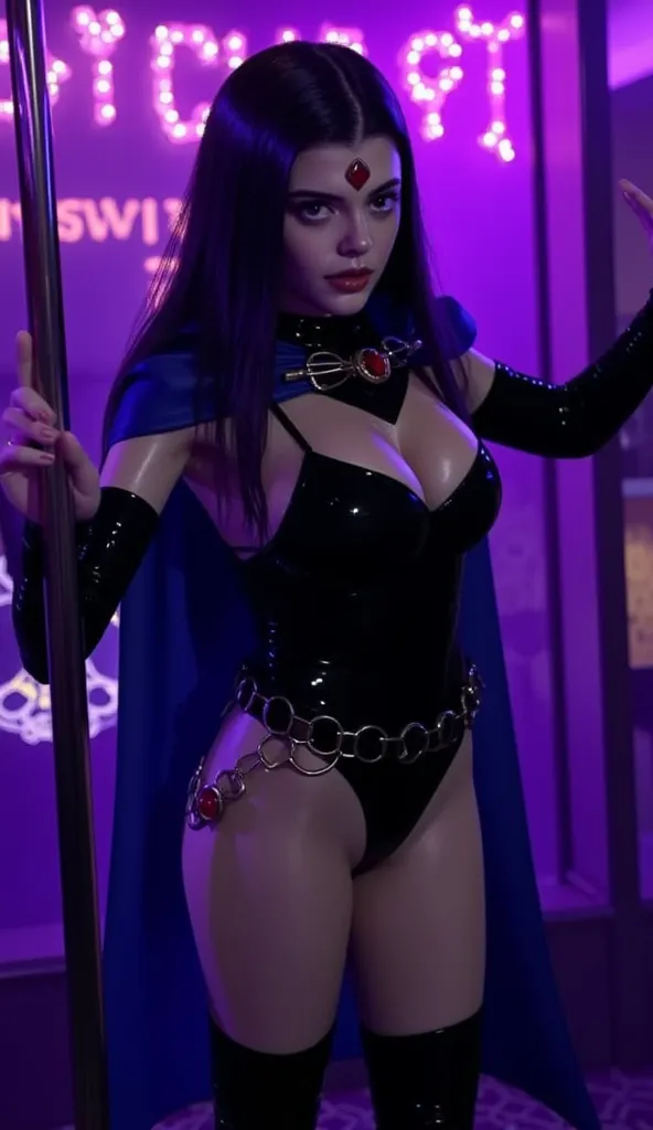 "Create a hyper-realistic, cinematic-quality image of Jenna Ortega ((j3nnaort3ga)) cosplaying as Raven from the DC Comics series  Titans. Jenna embodies Raven's iconic look with striking authenticity. Her grey skin is rendered with lifelike detail, and she...