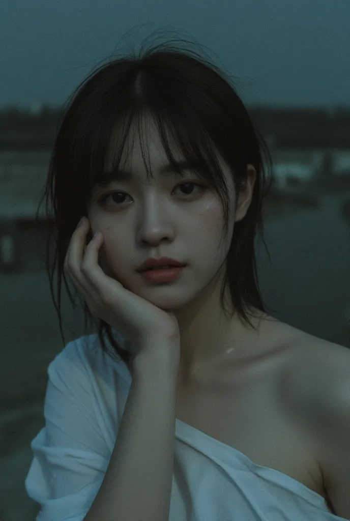 Best picture quality, masterpiece, ultra high resolution, (fidelity :1.4), photo, 1 girl,[(sadness)],white shirt, Dim, dark, desperate, pitying, pitiful, cinematic,tear,teardrop,(Torn clothes:1.5), (Wet clothes:1.4), bare shoulders,Real rain,wet hair,..