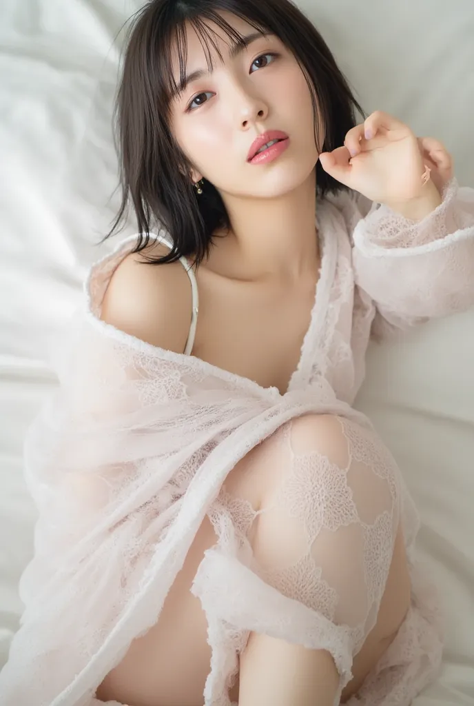 (((((  Girls in their 20s  :2、Japanese、、  white skin))))), details顔の質感、(masterpiece,top quality:1.9),8k,  details, details毛穴,reality,  bedroom、  seat 、 For the whole body、close eyes、Writhing、drool、teeth、((( lace pajamas、sheer sheer pajamas with bra:2.2)))、...