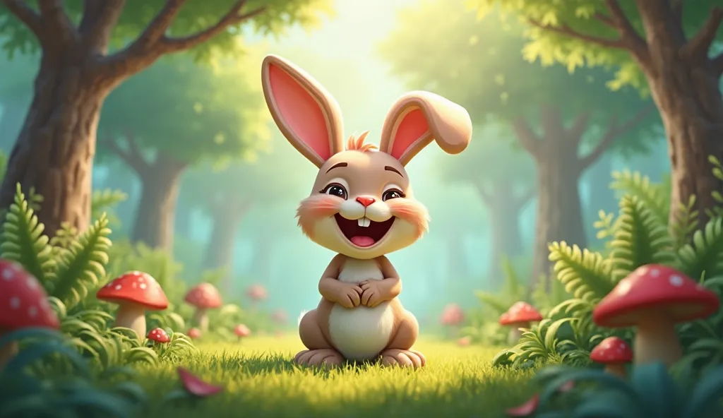 a bunny is standing in the forest laughing cartoon photo style