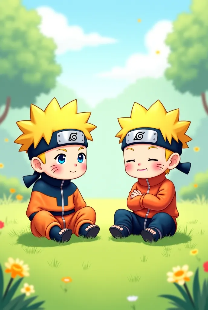 Naruto and gohan cutie version anime sitting on grass